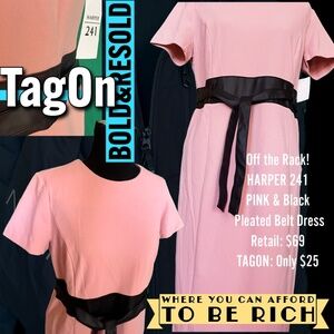 Elegant Harper 241 Pink & Black Pleated Belt Dress
